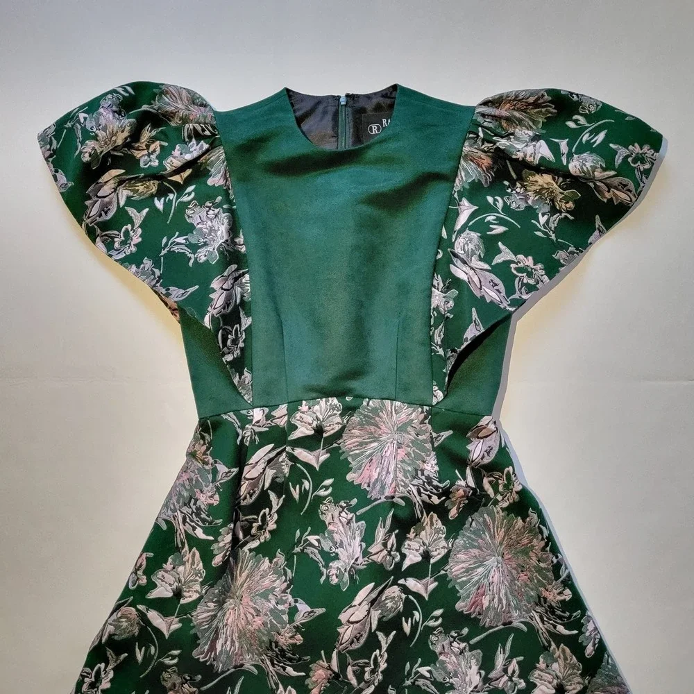 Raquel Couture Green Pink Boutique Midi Short Sleeve Dress Womans Size 4 - Picture 2 of 9